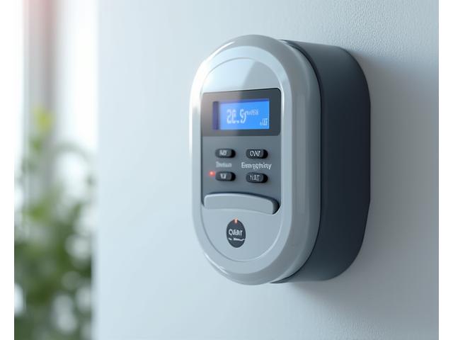 Close-up of a modern smart energy meter installed on a wall, showing digital display and connection points.