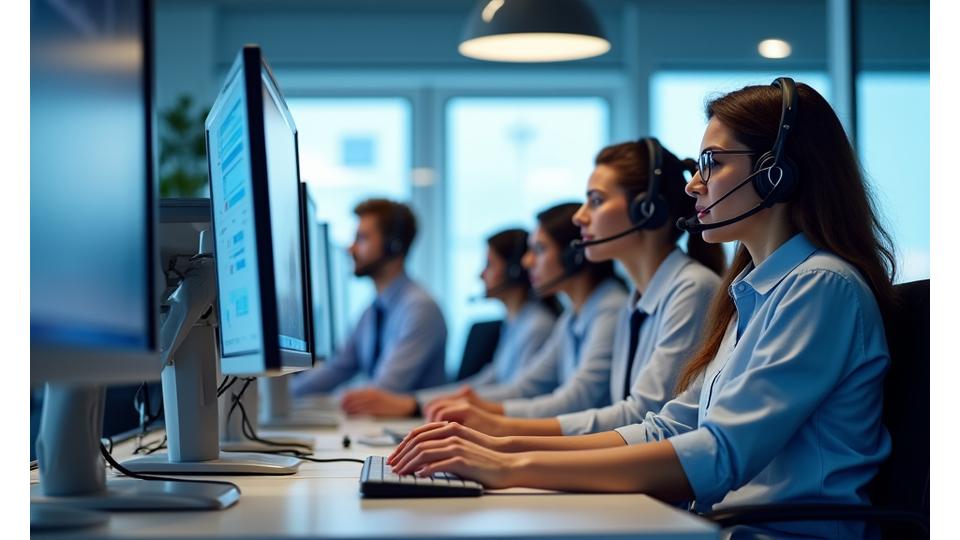 Team of support agents providing assistance, with a computer screen showing data and a chat bubble.
